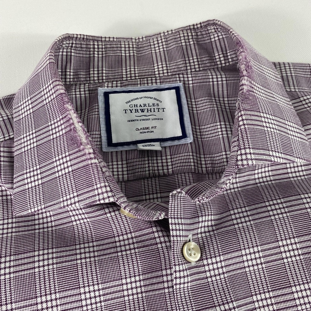 Charles Tyrwhitt Button Down Shirt Mens 17 35 XL Purple Plaid Classic Fit Ripped